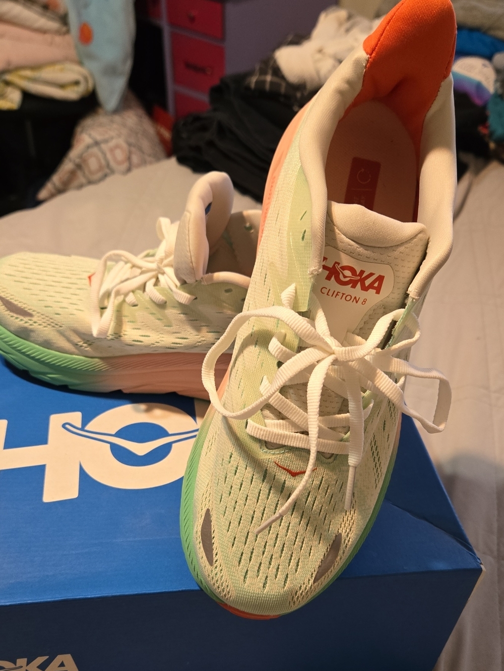 HOKA Clifton 8 Women’s Running Shoes — Mint Green with Coral Accents